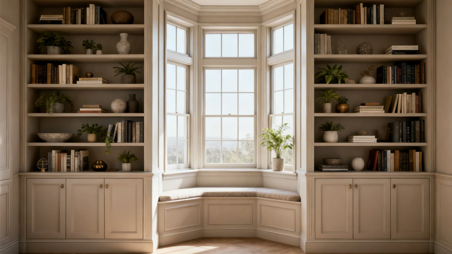 Bay window framed by floor-to-ceiling shelving with books and plants for a curated look