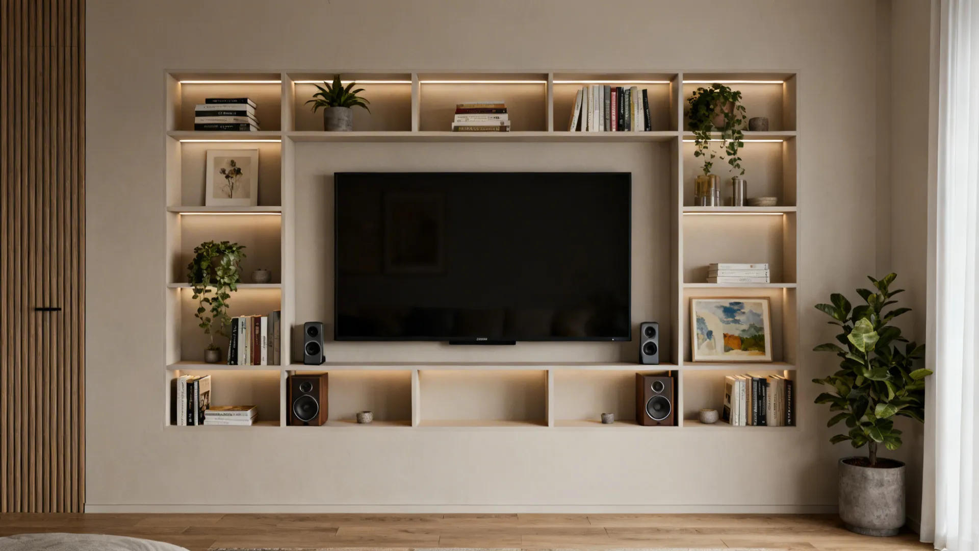 Wall-mounted TV surrounded by a shallow modular shelving grid with books, plants, and indirect lighting.