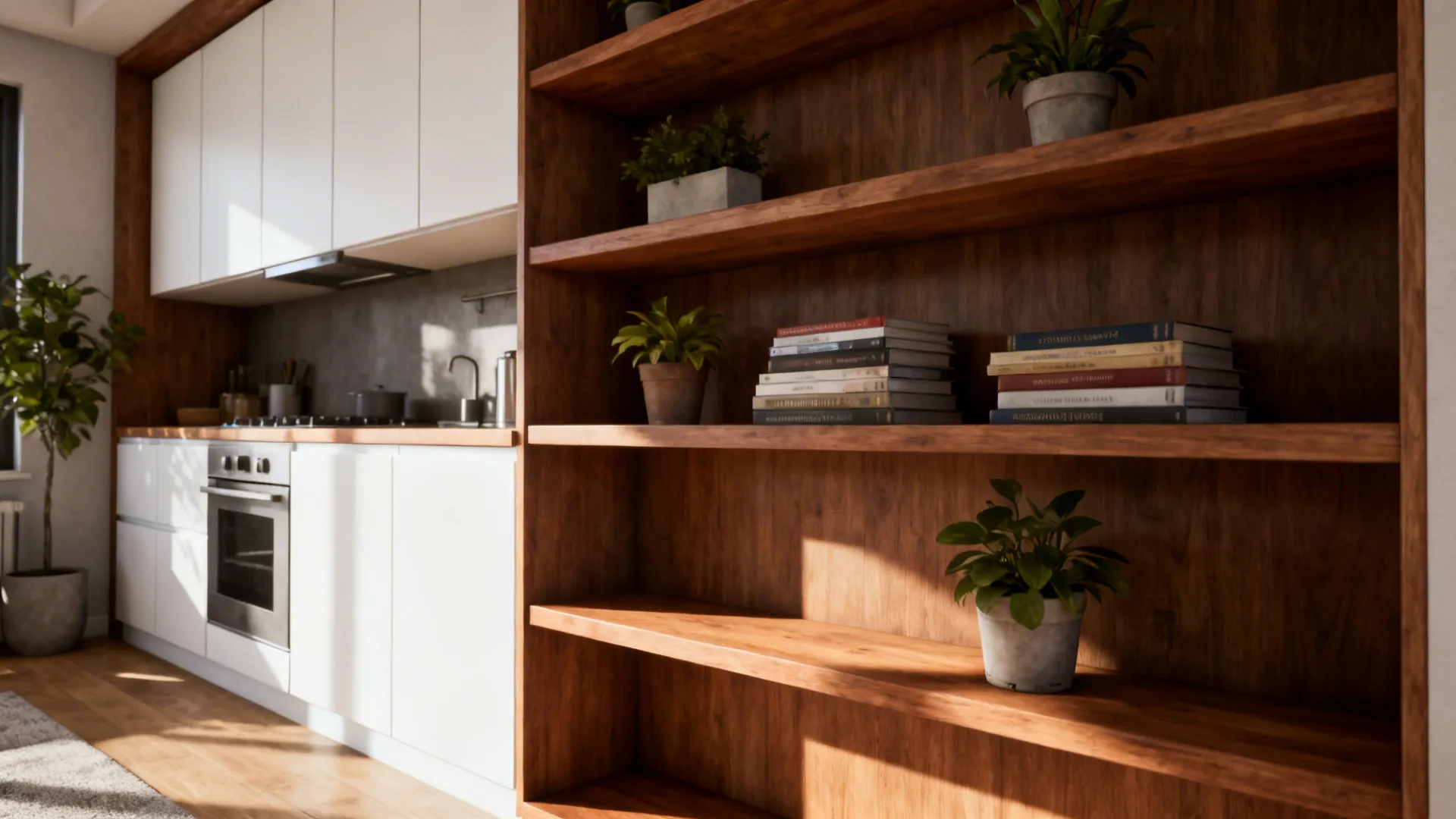 Wooden kitchen shelving unit with books and green plants next to white cabinets and oven