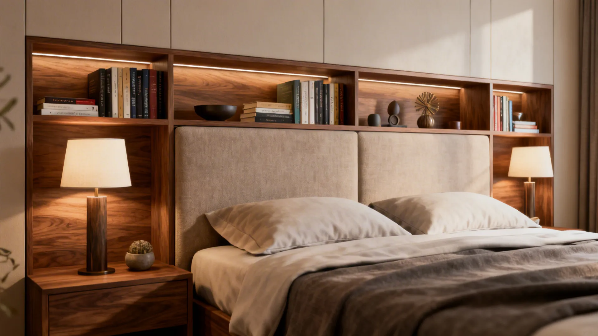 Double bed with a custom integrated shelving headboard holding books and a lamp.