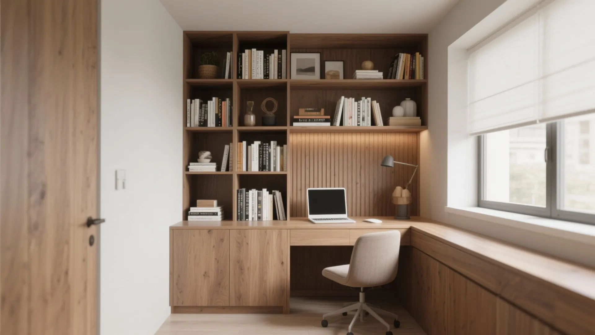 Study table integrated into shelving