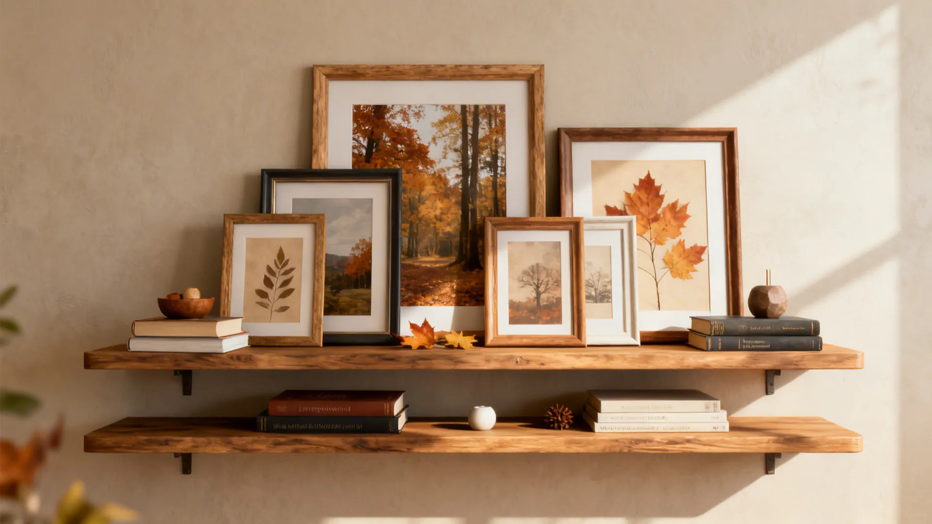 Picture ledges with layered art, books and objects for flexible styling.