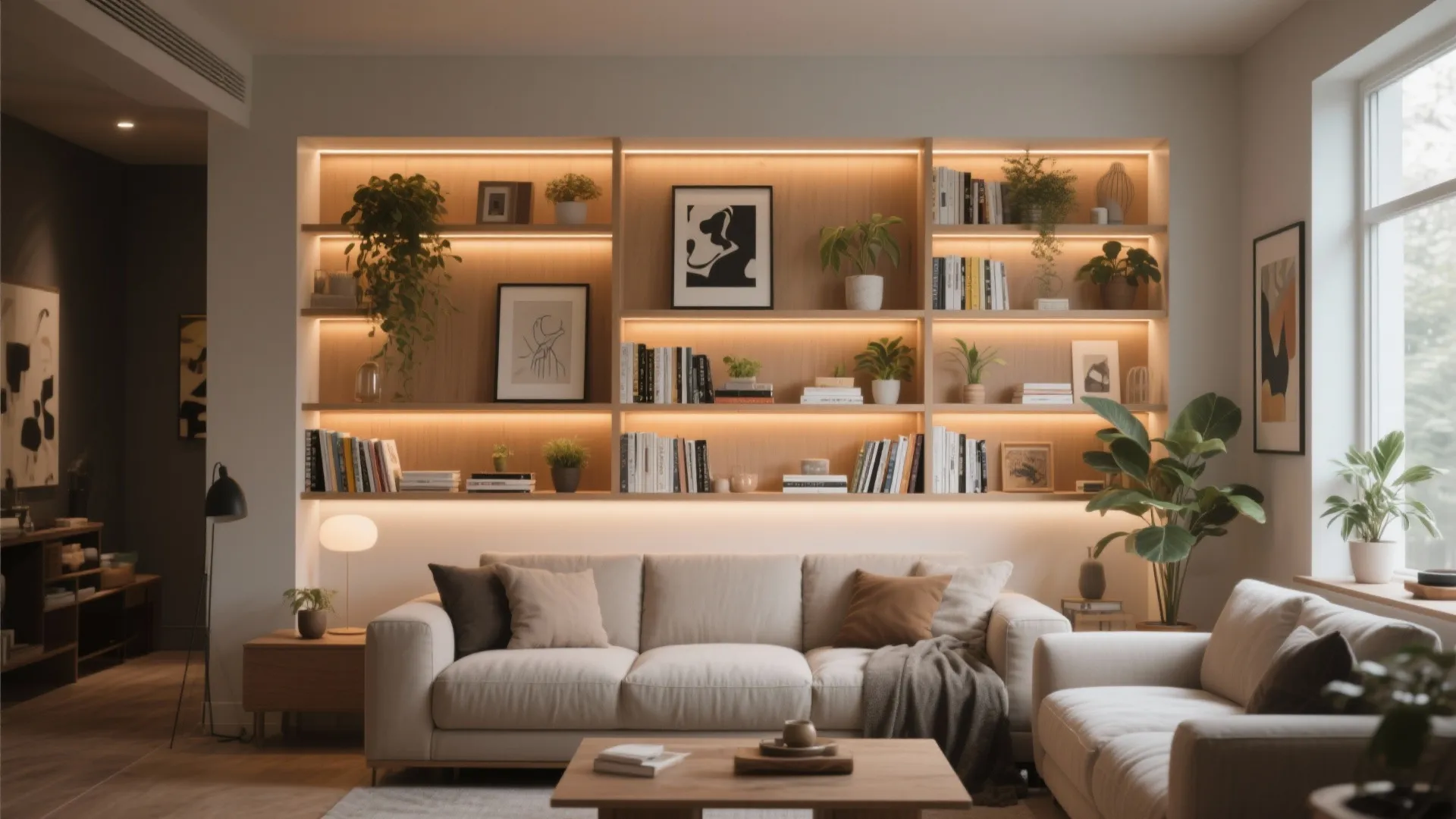 10. Built-In Shelving with Lighting