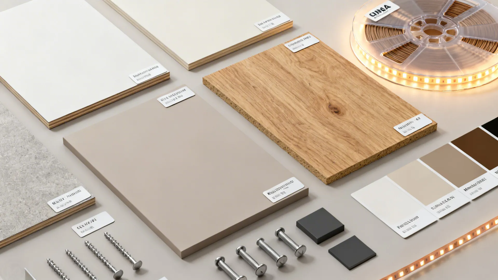 Top-down flatlay of shelving material samples: plywood, MDF, wood swatches, LED strip and hardware.