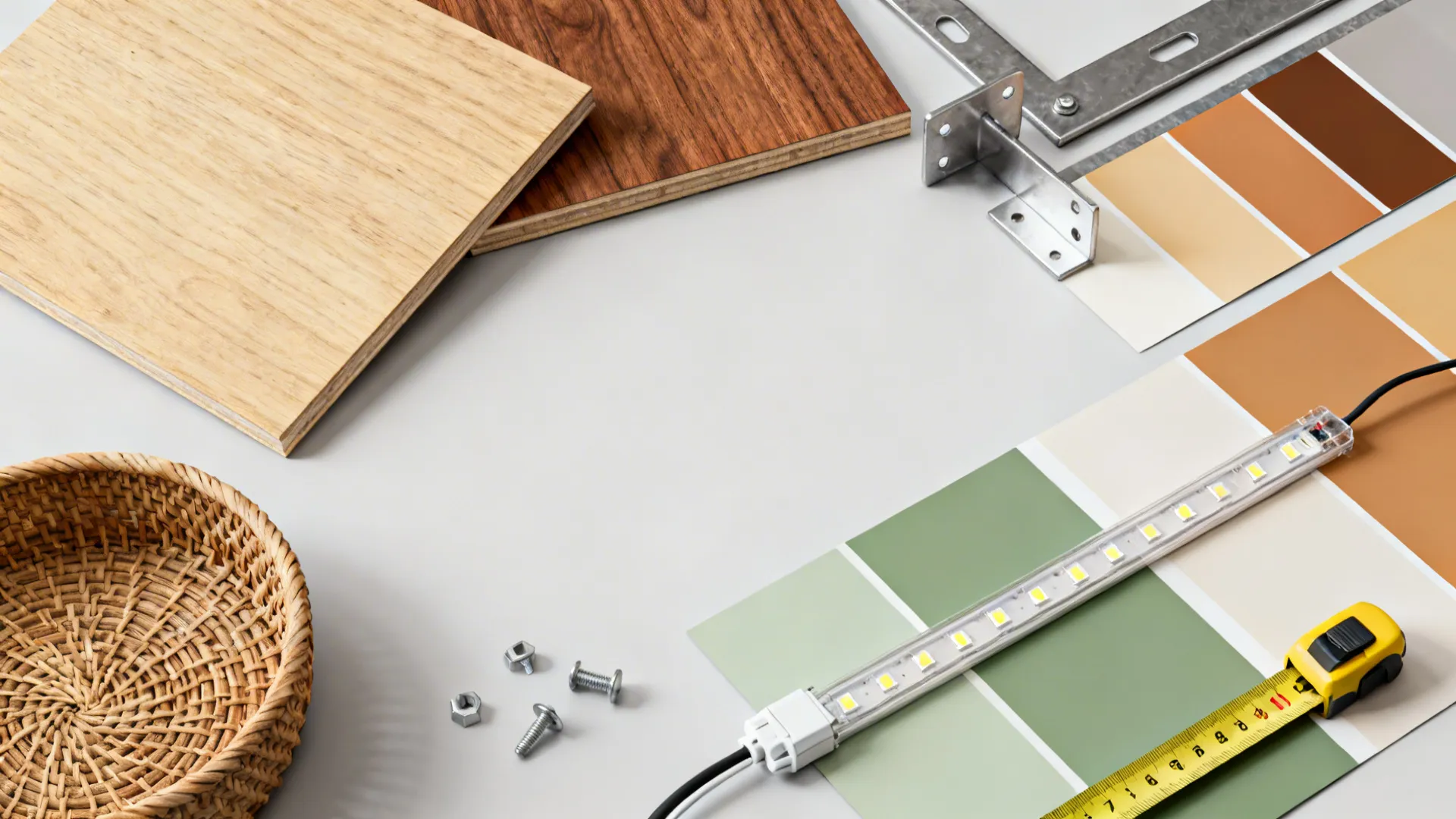 Interior design flat lay with wood samples color swatches tape measure light fixture and small basket