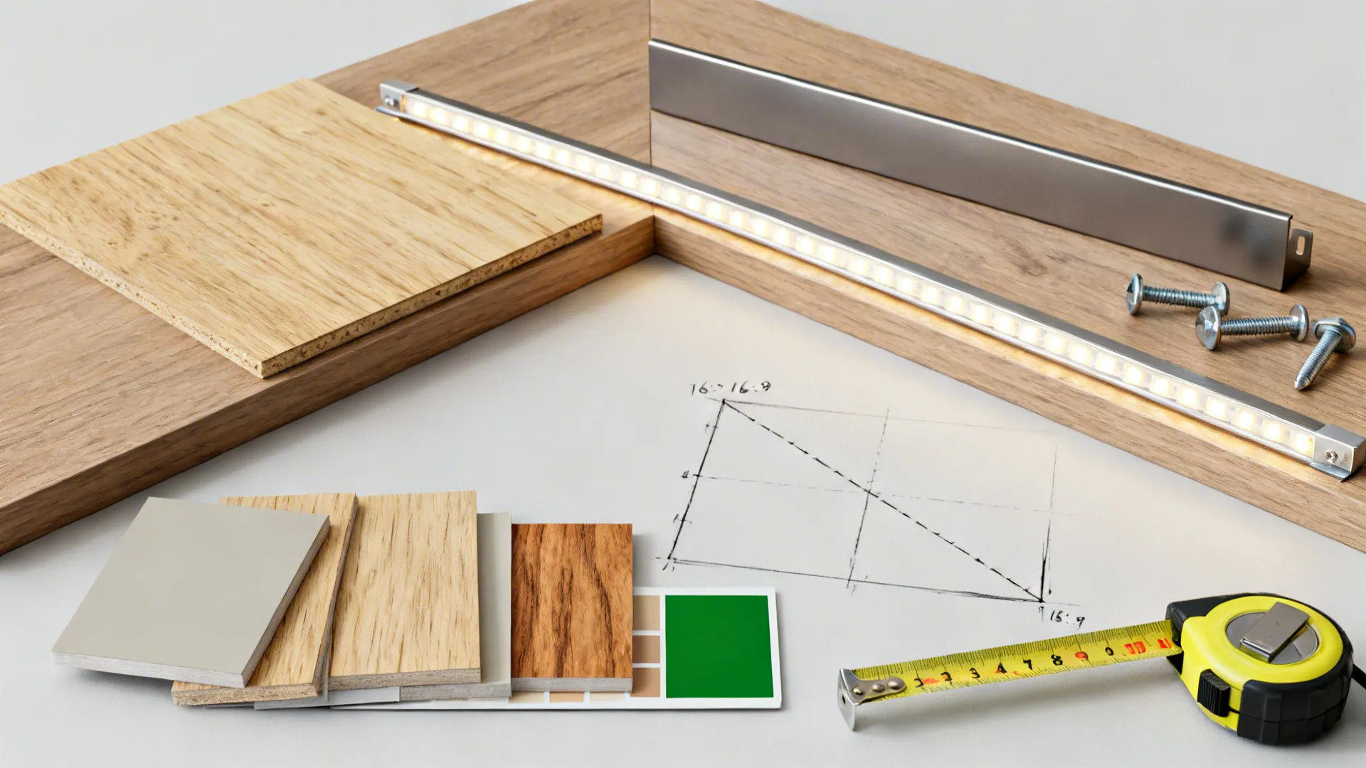 Interior design materials including wood samples, light fixture, screws, measuring tape, and a hand-drawn sketch