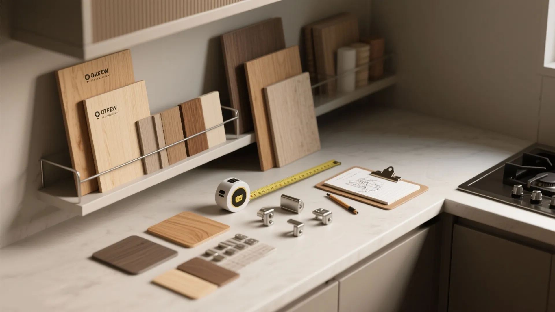 Flatlay of plywood and wood finish samples, metal hardware, and a tape measure for shelving planning.