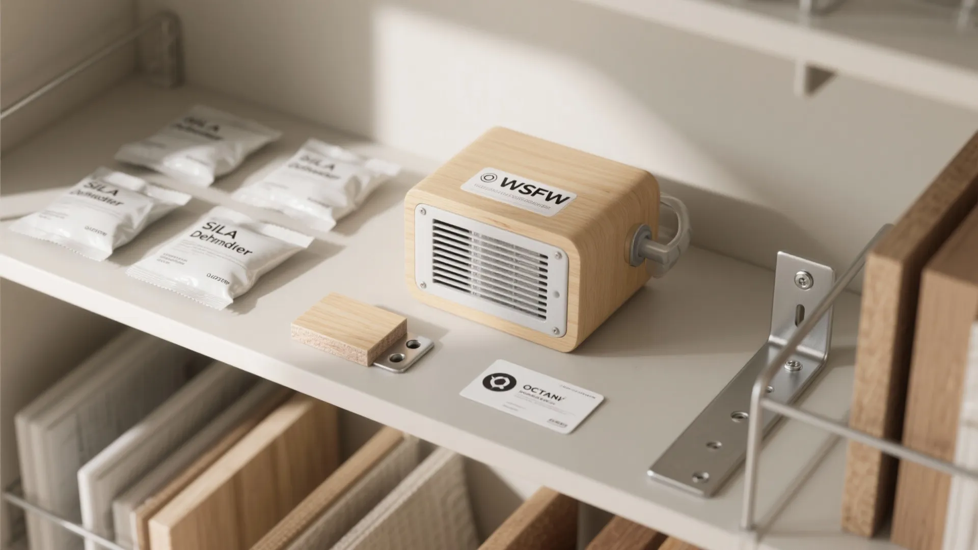 Close-up of wooden speaker and accessories on a white shelf with various wood material samples