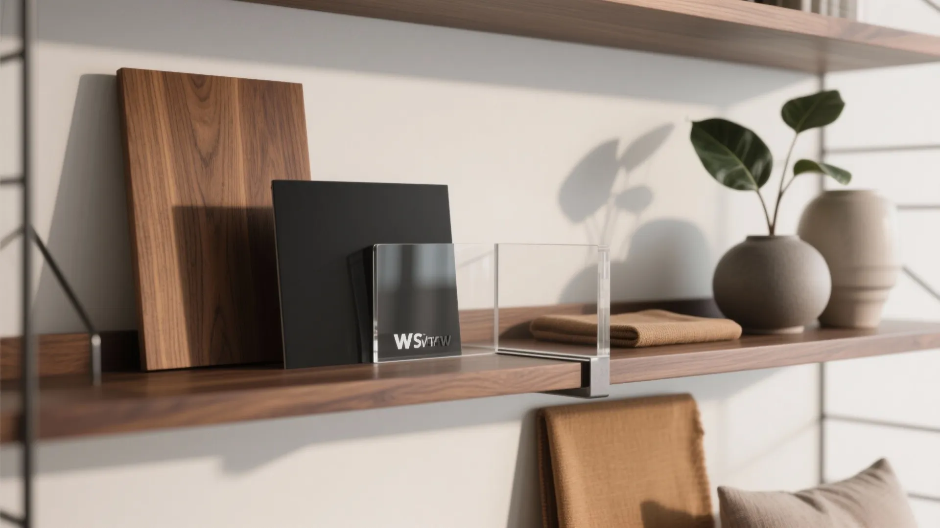 Wooden wall shelves displaying black and wood panels with a small plant in a vase