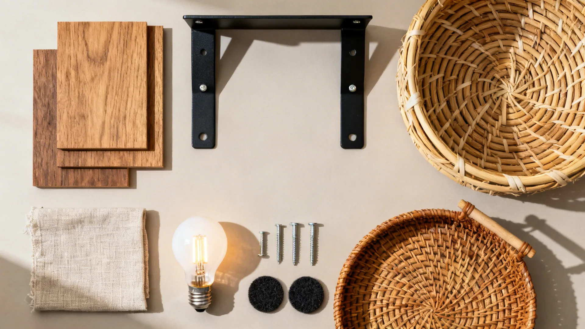 Flat lay of oak shelves, black brackets, cane baskets, linen swatches, and hardware for an open shelf divider.