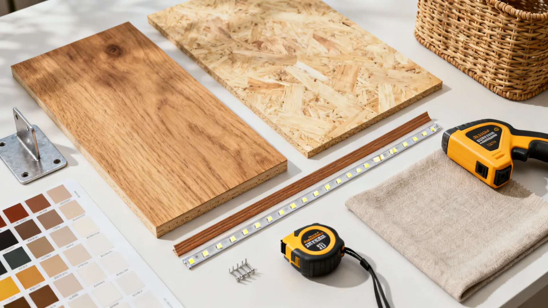 Flatlay of shelving materials and tools including wood samples, bracket, stud finder and LED strip