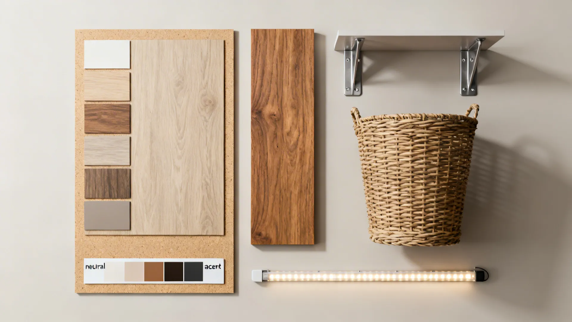 Flatlay of shelving materials: MDF veneer, wood sample, metal bracket, LED strip and color chips