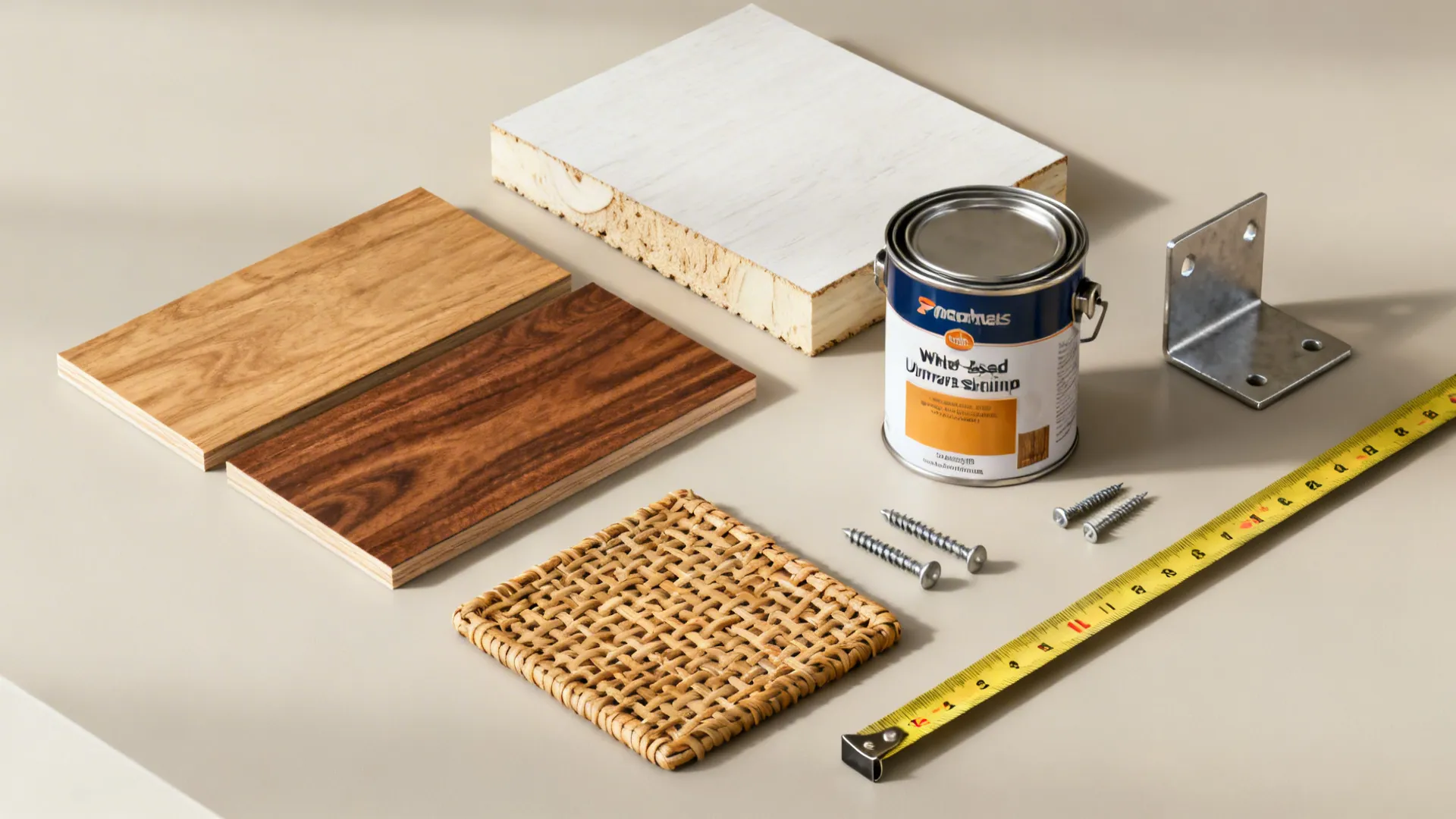 Building materials including wood samples paint can screws metal bracket woven mat and measuring tape