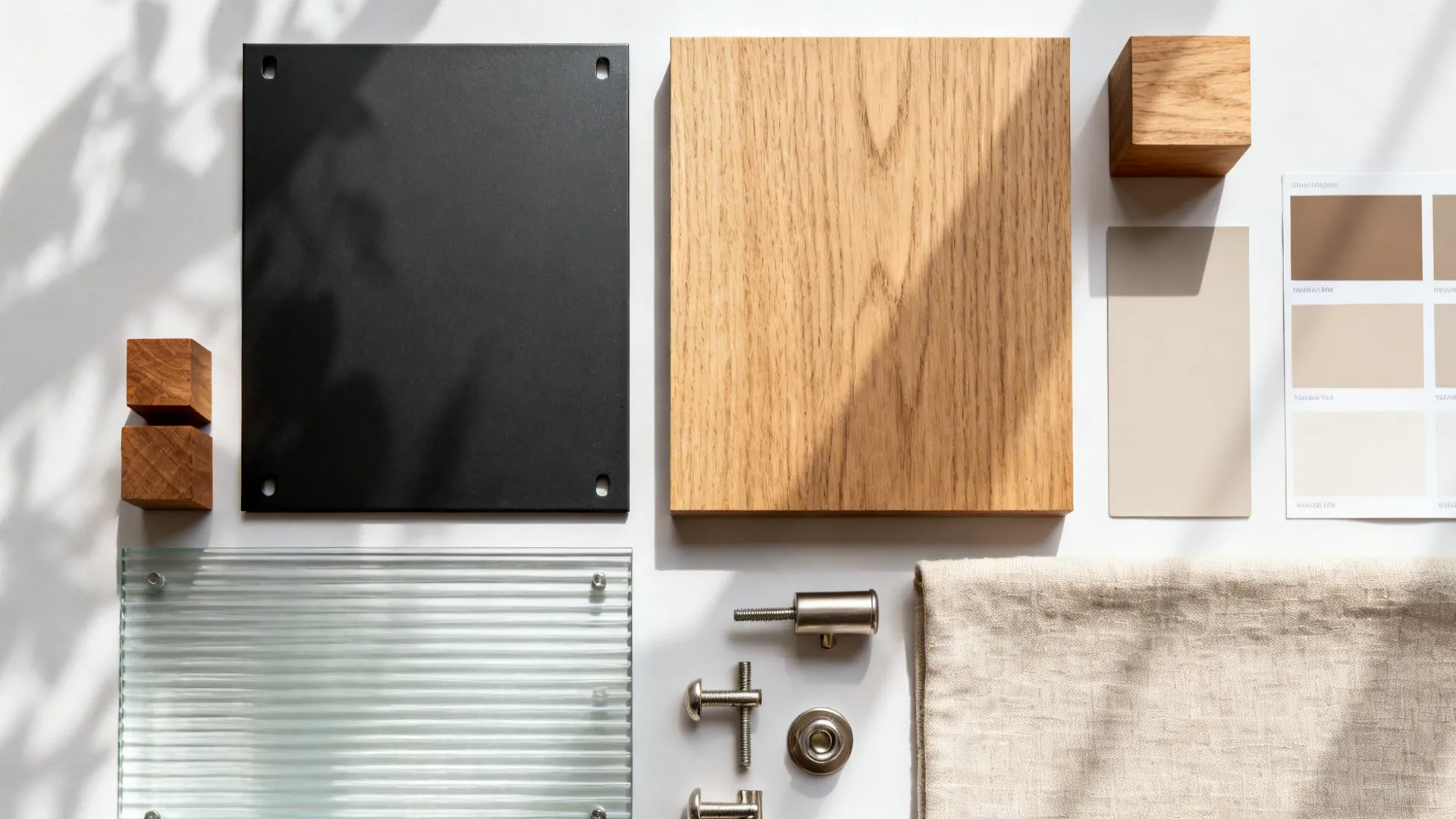 Top-down material palette of black steel, oak, glass, paint chips, and linen for a display partition.