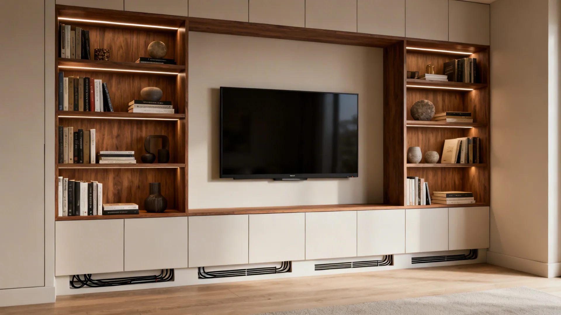 Modern wall unit with large television surrounded by wooden bookshelves and white storage cabinets below