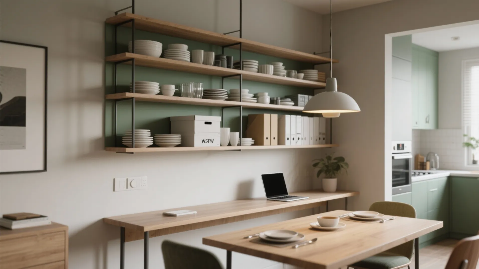 Floating shelves above a slim table serving as both dining surface and workspace with vertical storage.