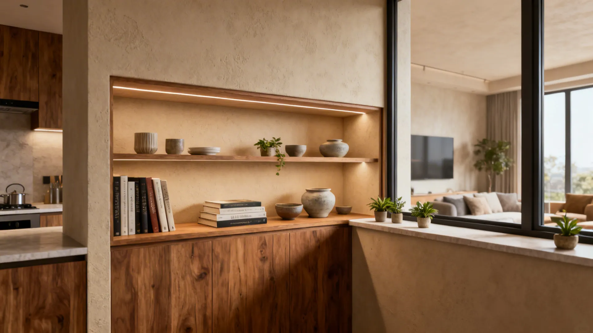 Integrated shallow shelving under a pass-through window displaying cookbooks and ceramics between rooms.