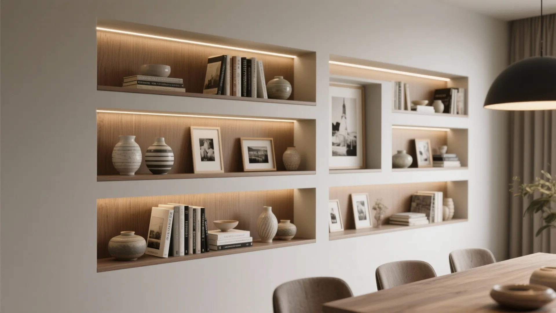 4. Integrated Shelving with Art Nooks