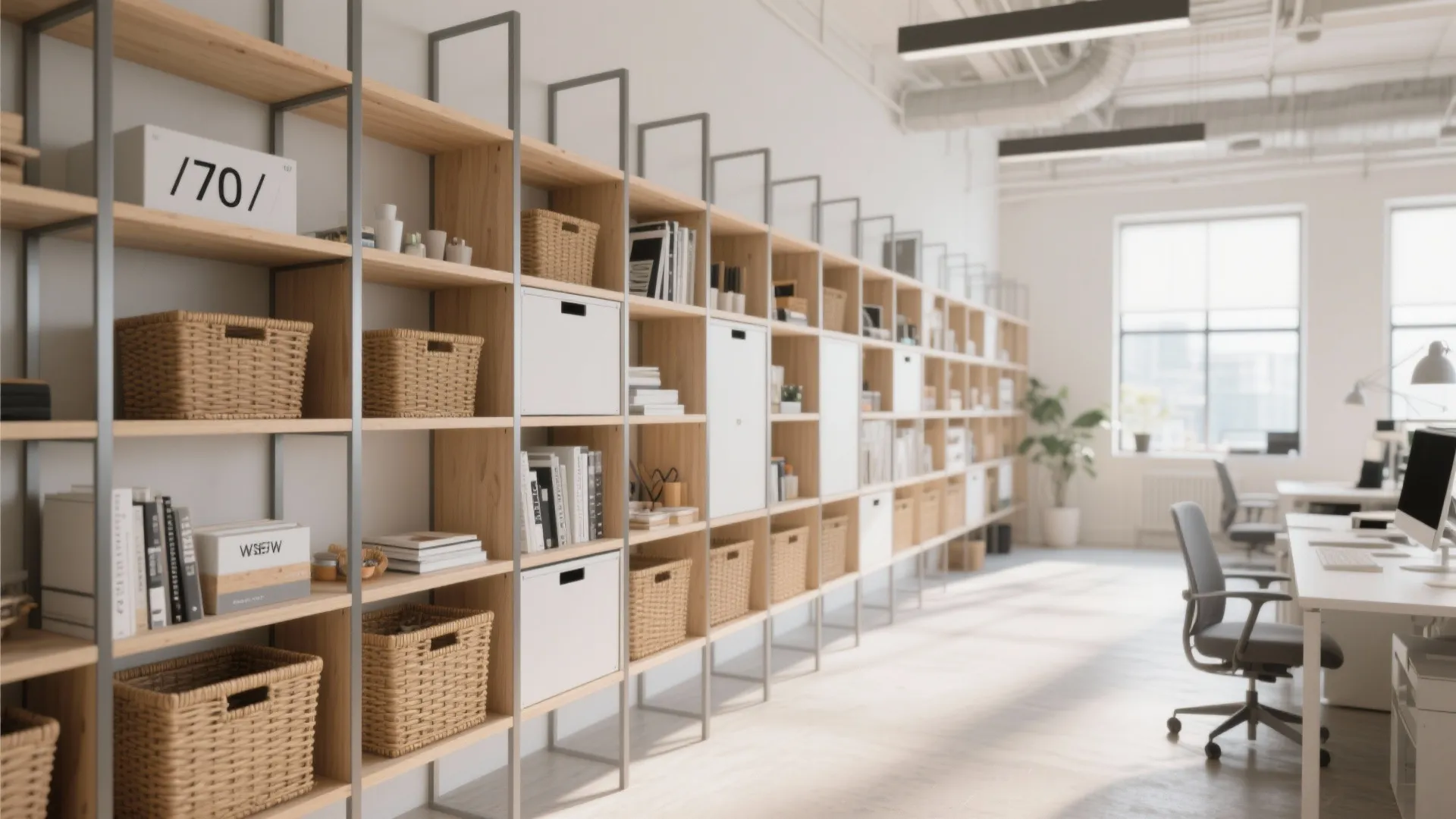Large wooden storage shelving unit with woven baskets and white boxes in an open office