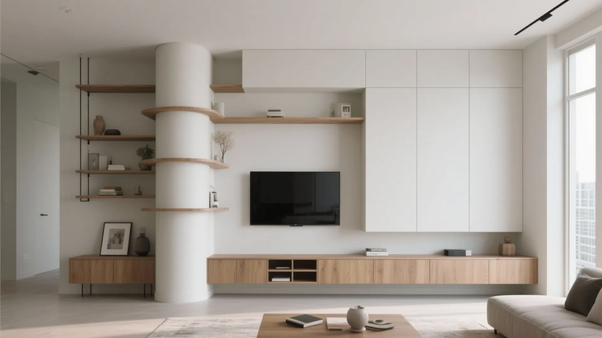 Integrate the pillar into built-in shelving or a media wall
