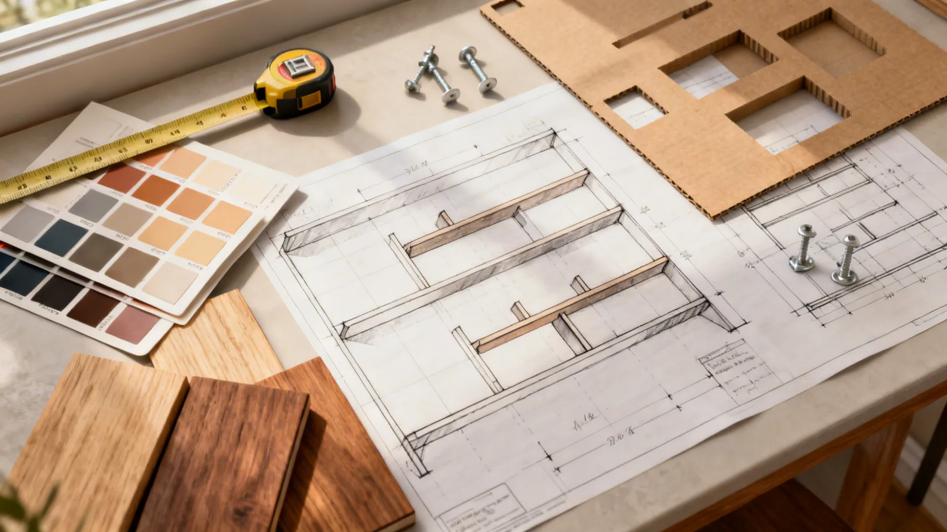 Flatlay of samples, measuring tape and cardboard mockups for shelving planning