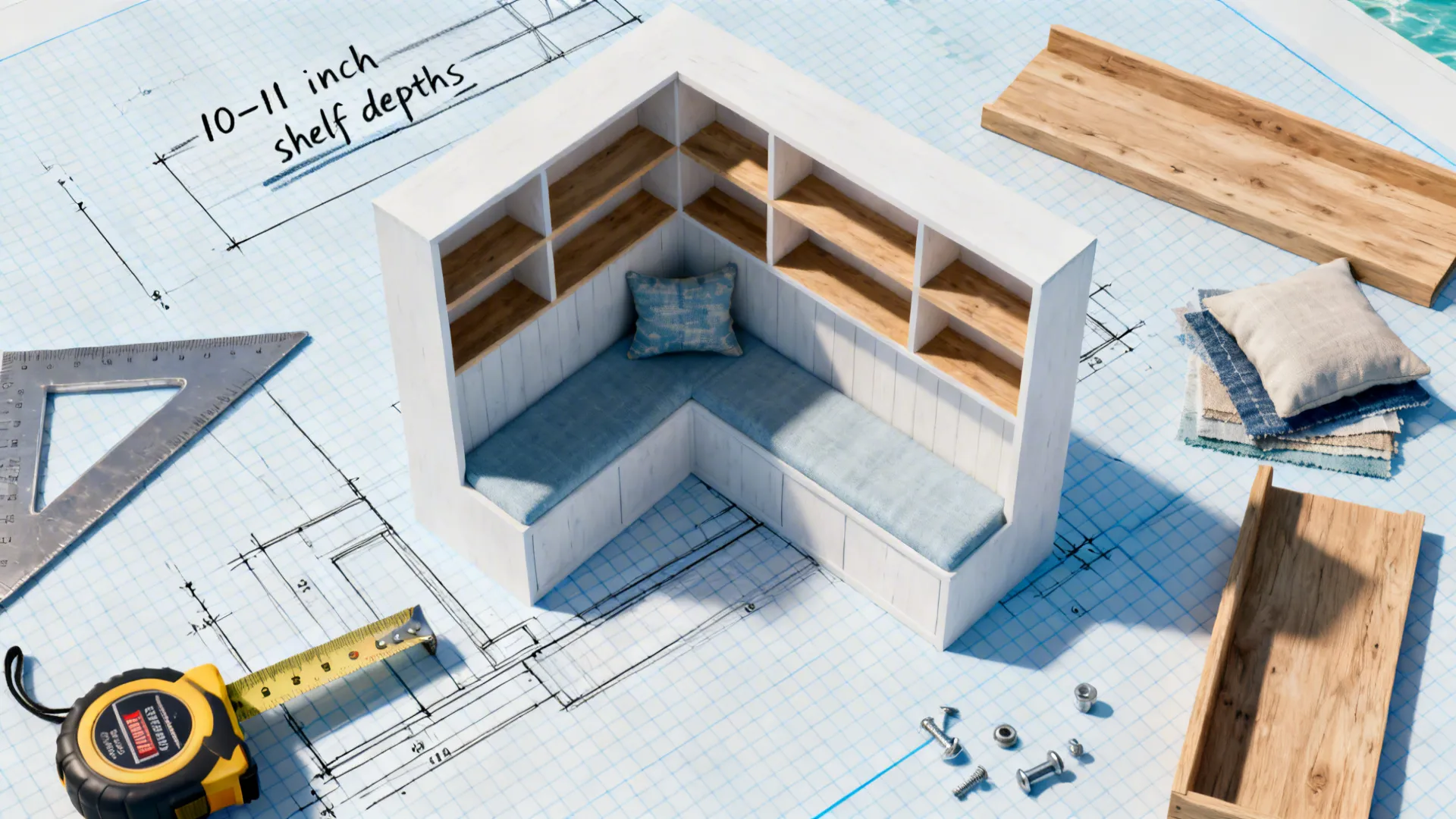 Top-down planning scene with shelf depth notes, fabric swatches, and measuring tools.