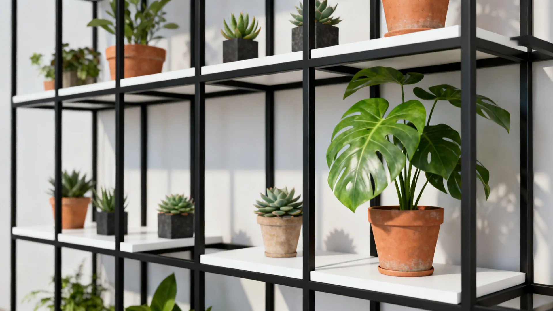 Minimalist black metal shelving with curated potted plant vignettes and textured pots