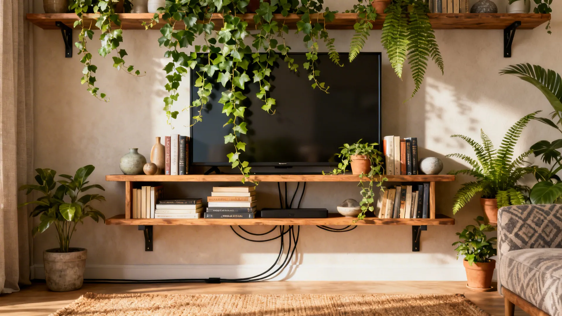 Curated shelving with books and plants that camouflage a TV in a small living room.