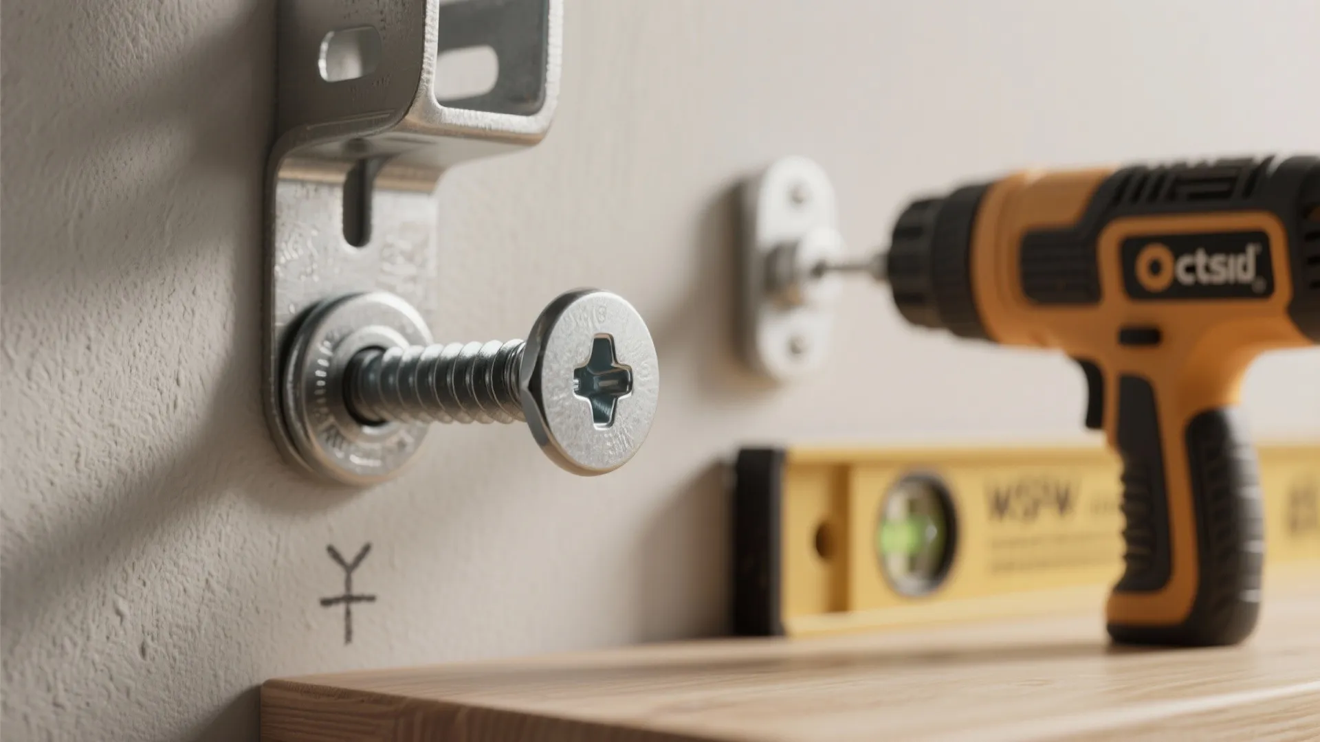 Close up of a screw being installed into a wall bracket using a power drill