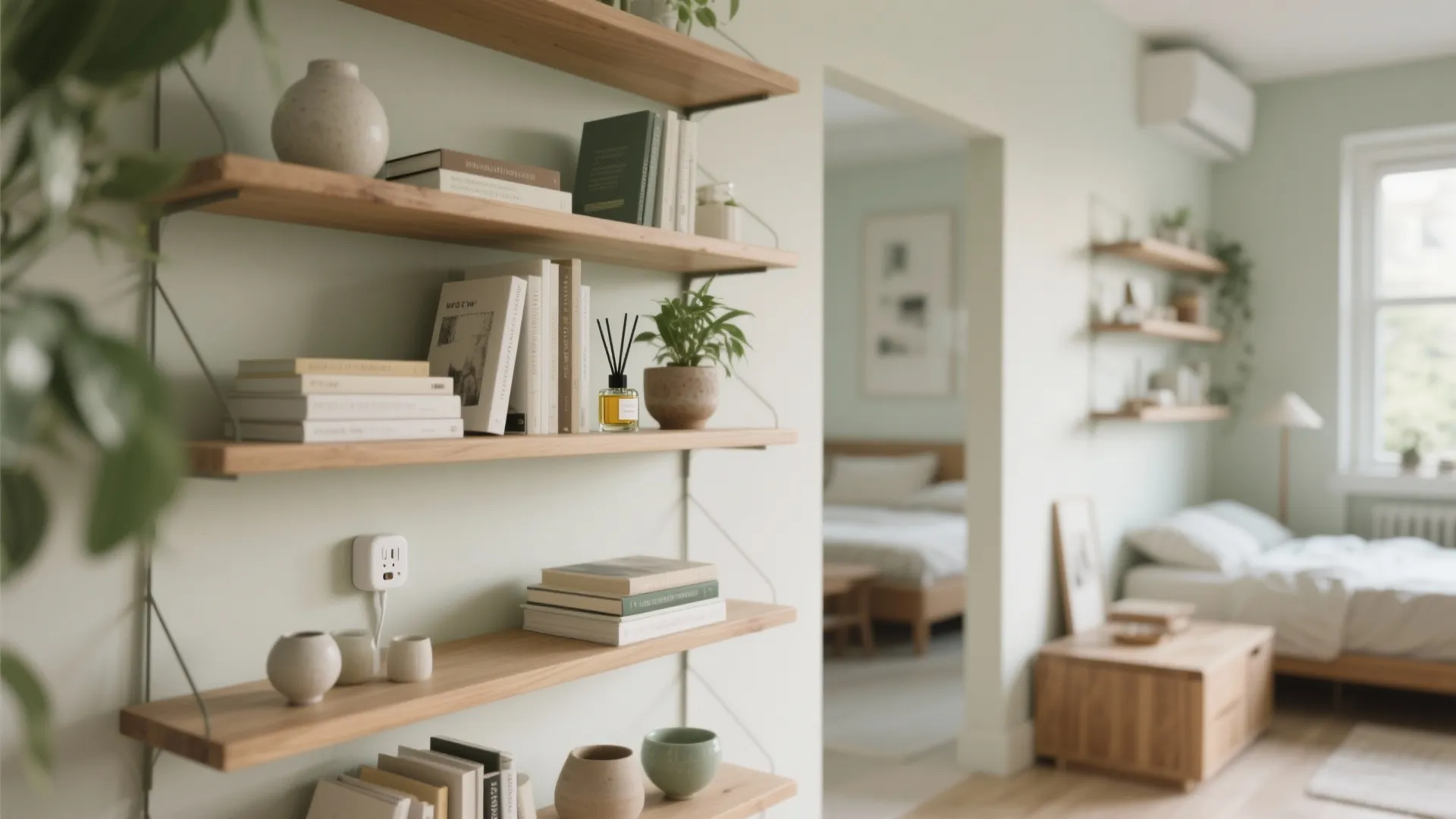 Open shelving in a studio with a small fragrance diffuser hidden behind books and ceramics, creating local scent zones.
