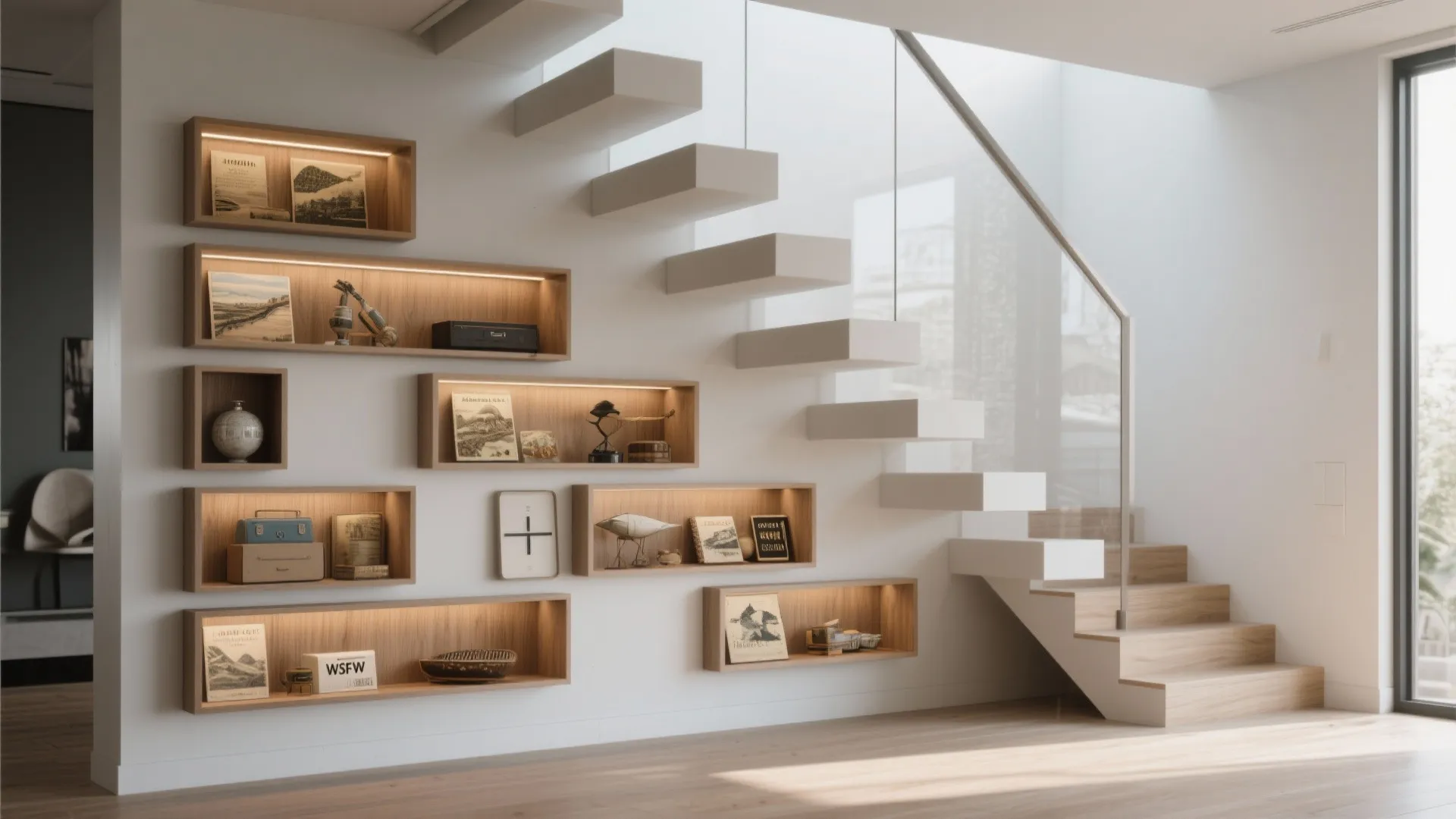 Minimalist white staircase with glass railing and built-in wooden wall shelves featuring warm interior lighting