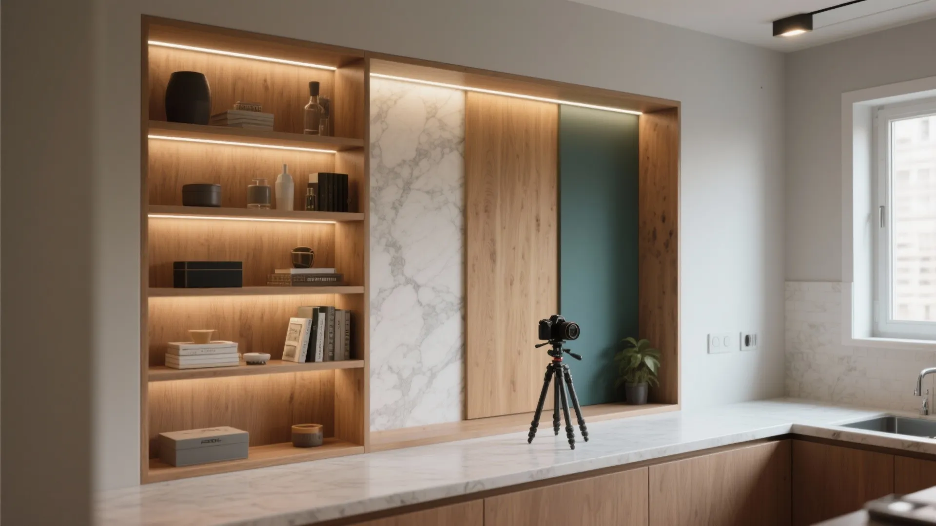 3. Built-in shelving light box — a permanent studio hack