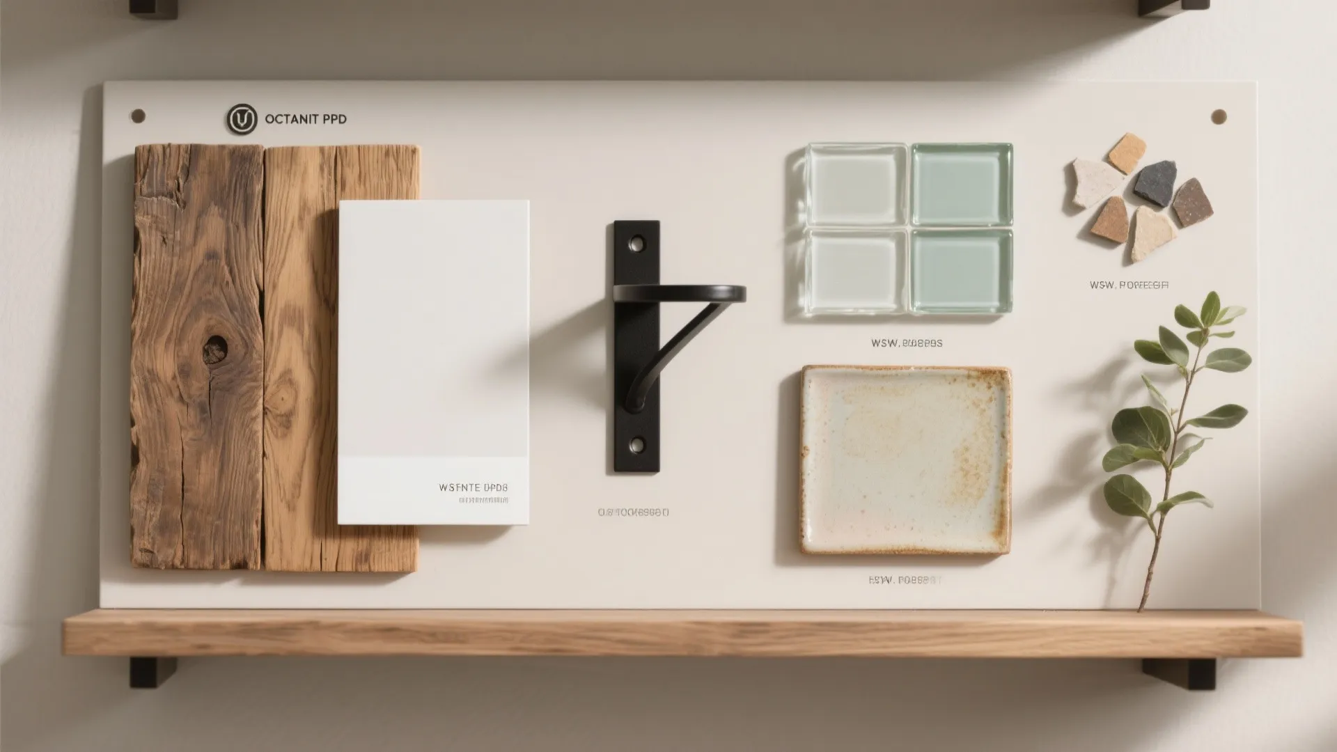 Material and color flatlay showing wood, metal, glass, and ceramic samples for kitchen shelving design.