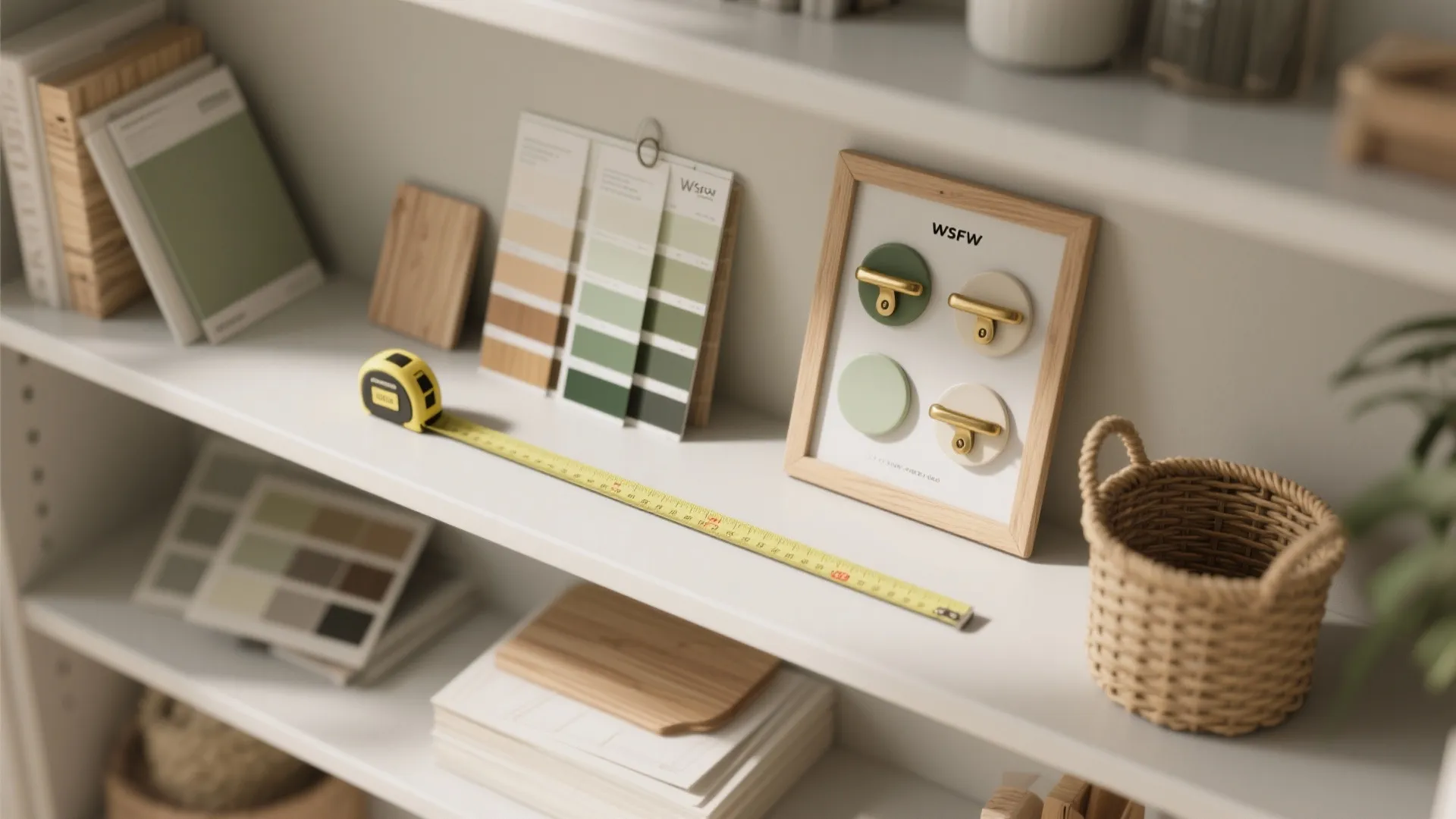 White shelf displaying a yellow measuring tape green color samples and small wooden picture frame