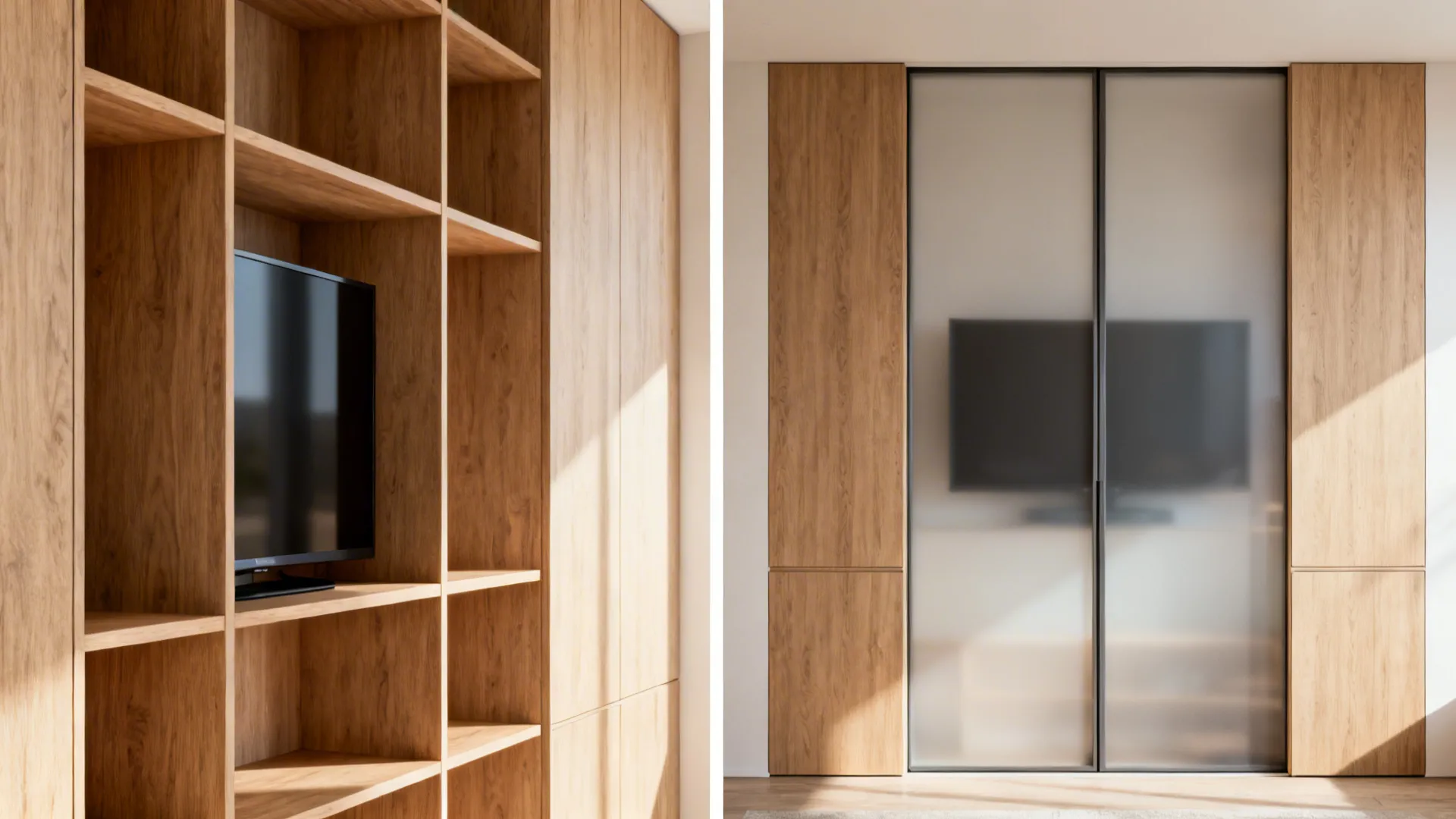 Before and after view of shelving with TV visible and then hidden behind frosted sliding doors
