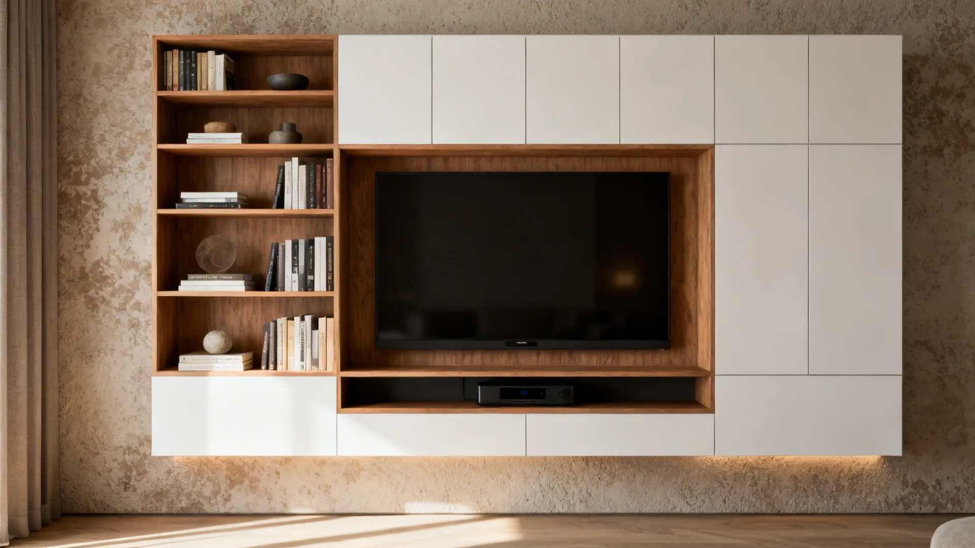 Feature shelving wall with integrated TV and mixed open and closed storage