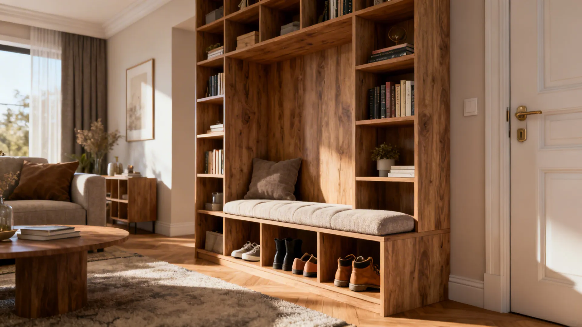 Freestanding shelving unit with integrated bench seating and storage in a small living area.