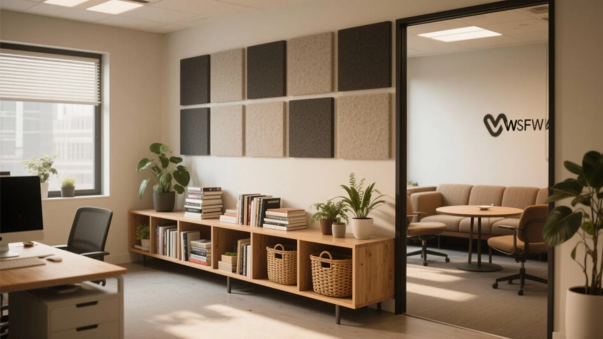 Low shelving run dividing a workstation and a meeting nook with plants and storage boxes