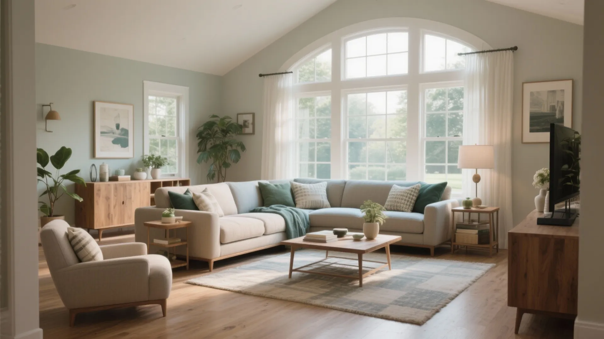 Bright living room with cream sofa, green cushions, large arched windows, wooden furniture and floor