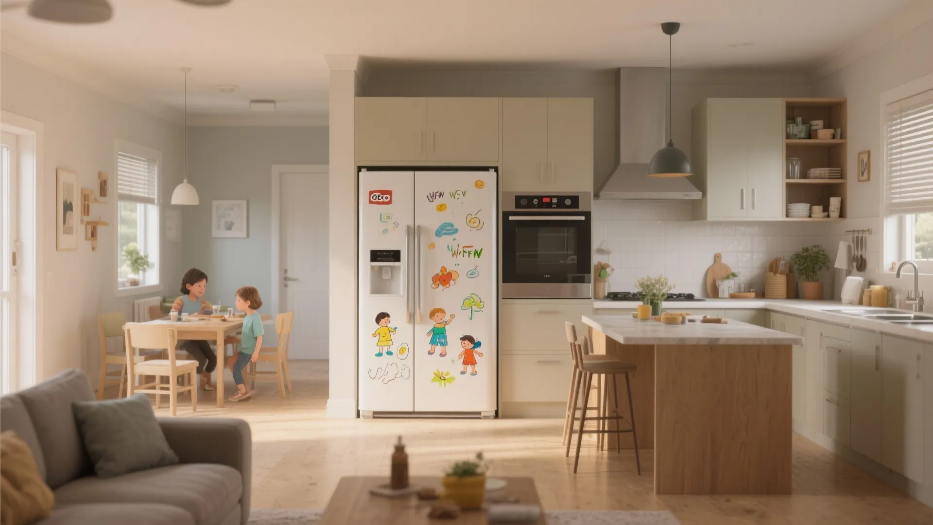 Modern kitchen with white fridge featuring drawings plus children sitting at a wooden dining table