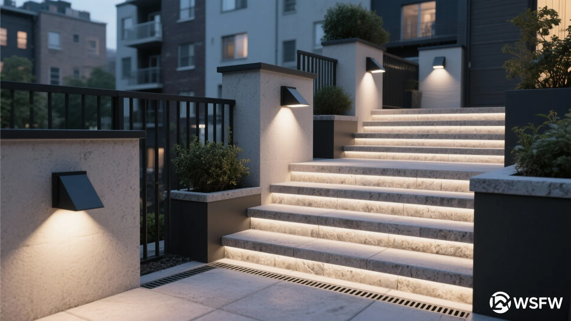 Shielded, downlighting sconces for safety and steps