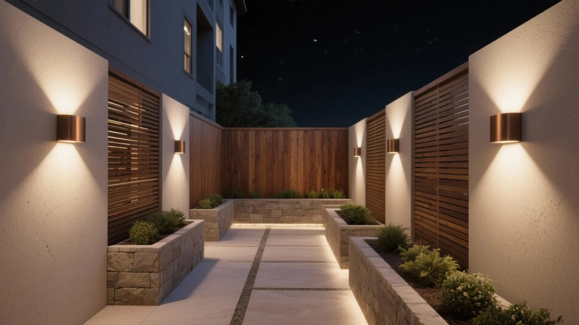 Low-glare, shielded wall lights for privacy edges