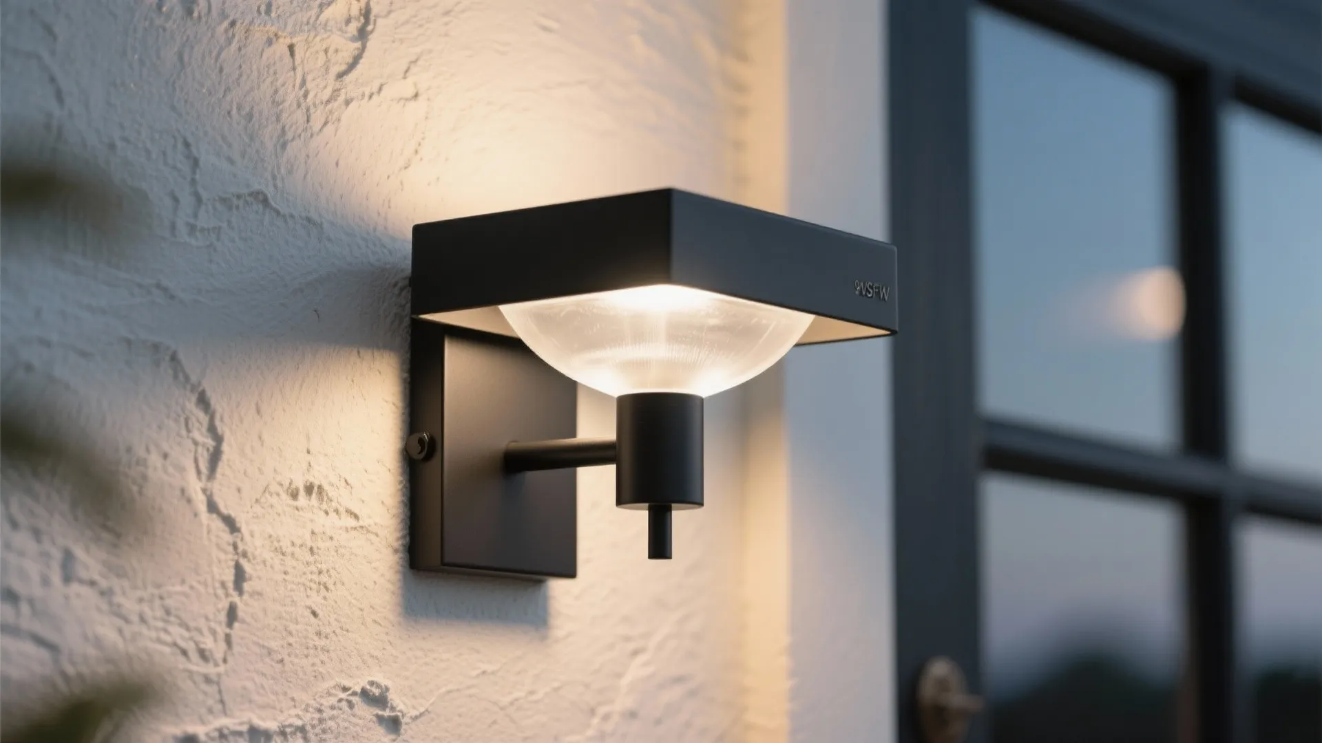 Close up of a black modern wall light fixture on a white textured exterior wall