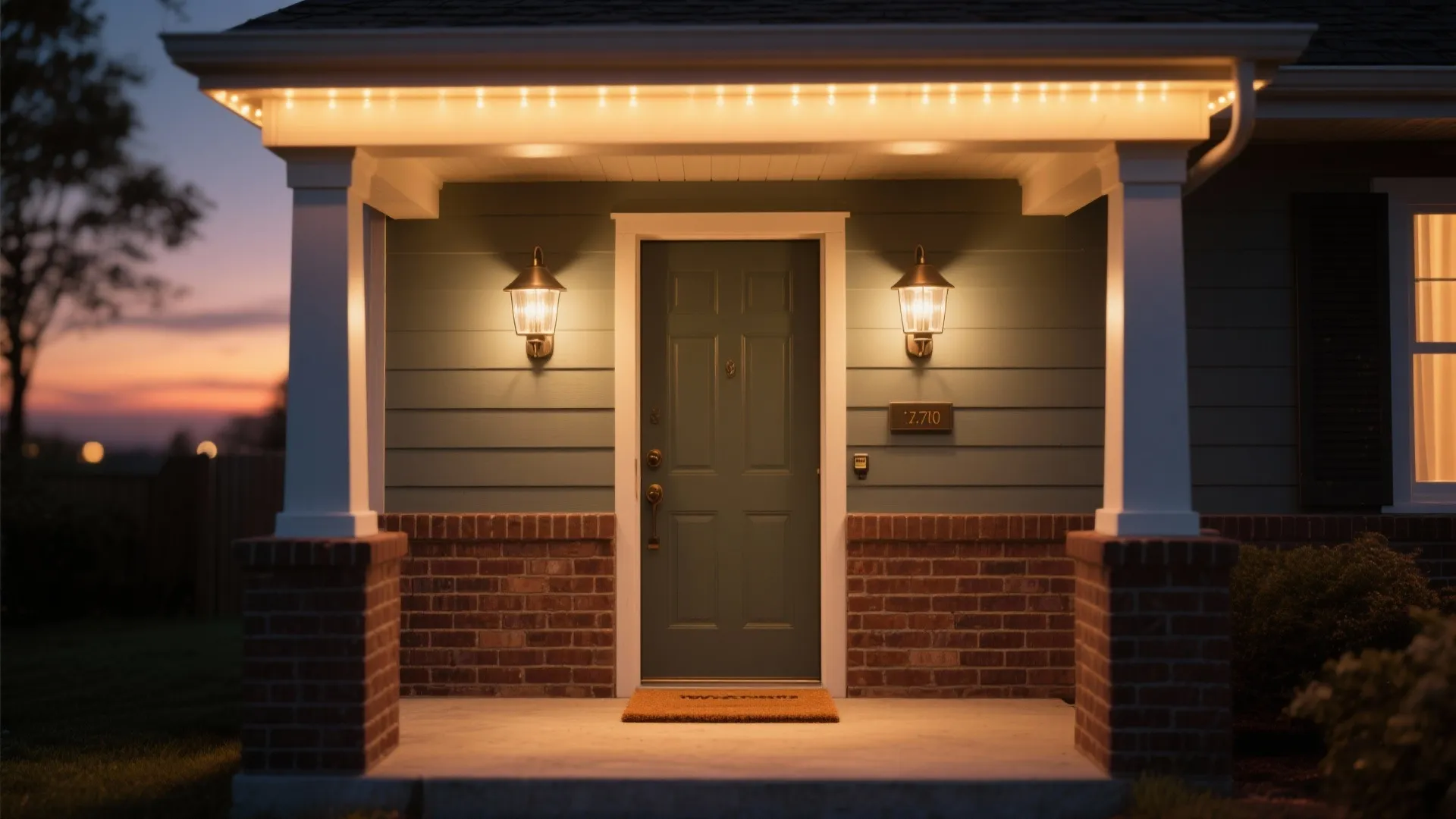 Small porch with shielded sconces and a warm under-canopy LED strip highlighting the door.