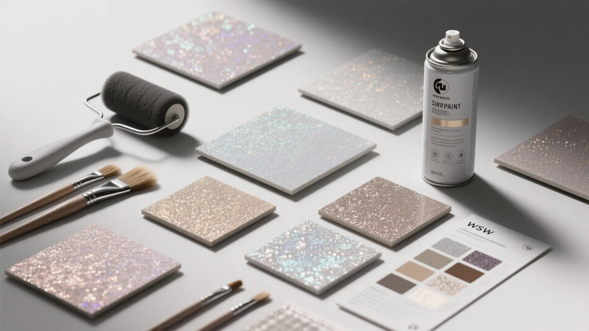 Selection of glitter paint samples displayed with a paint roller spray can and small brushes