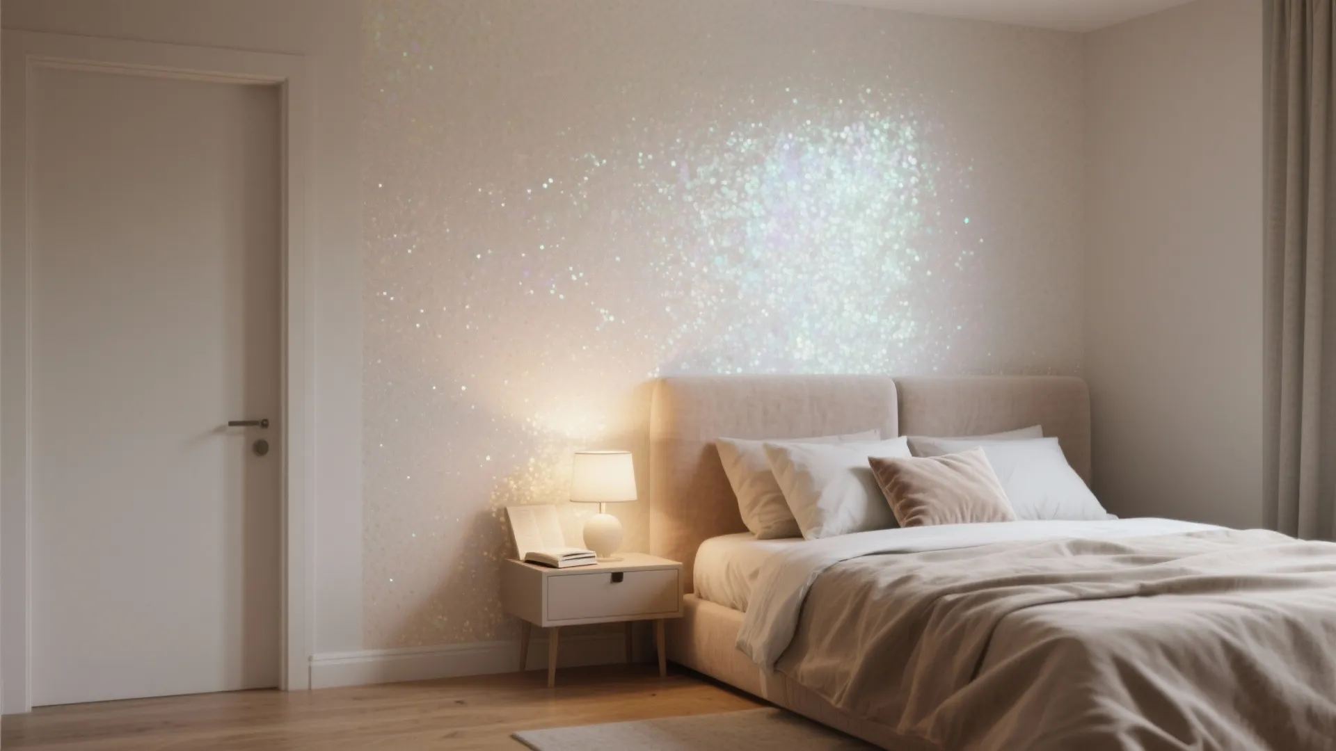 Modern bedroom with sparkling glitter wall paint behind a bed and a small bedside lamp
