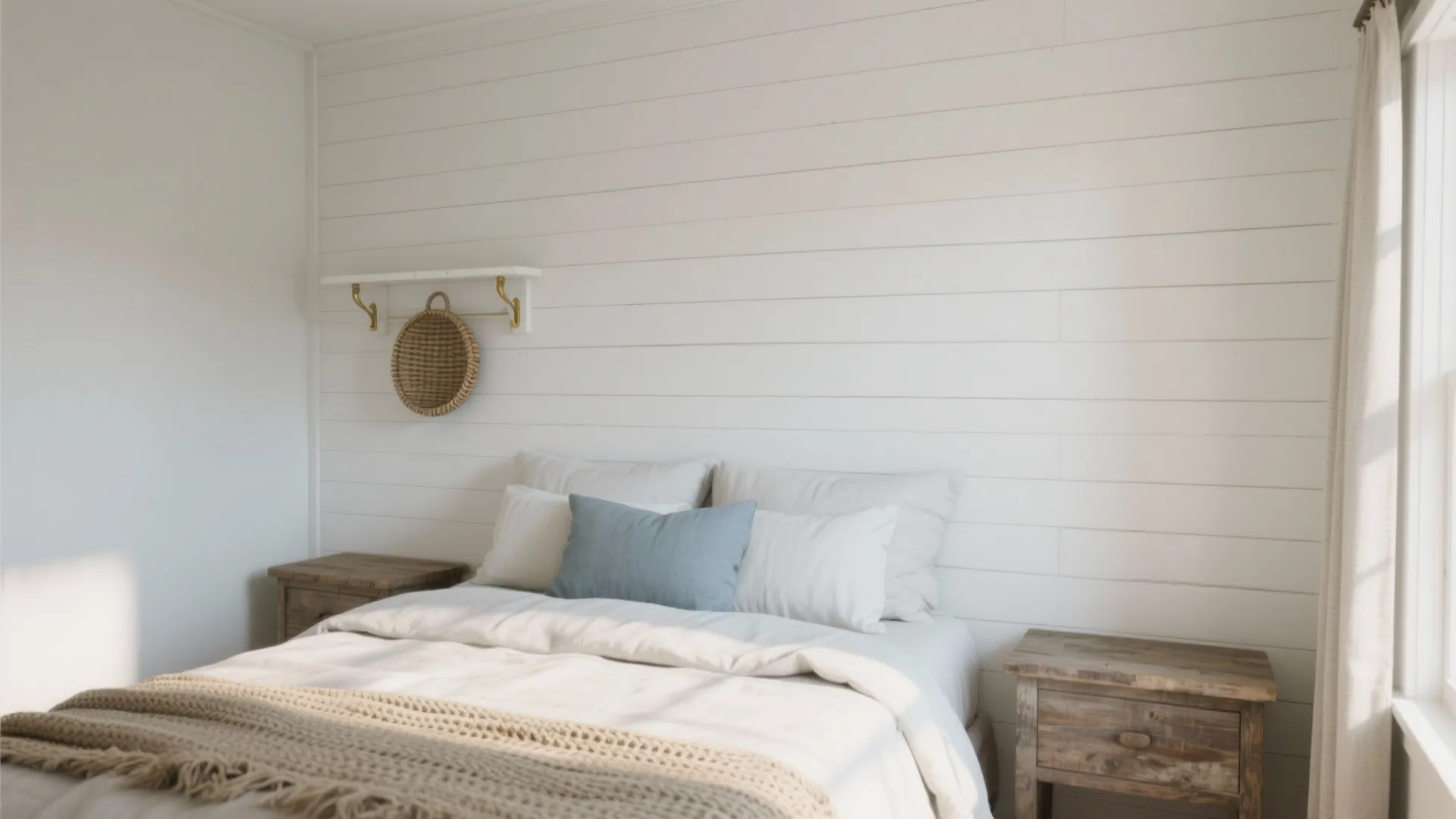 Bright bedroom with white wall panel design wood bedside tables blue pillow and natural sunlight