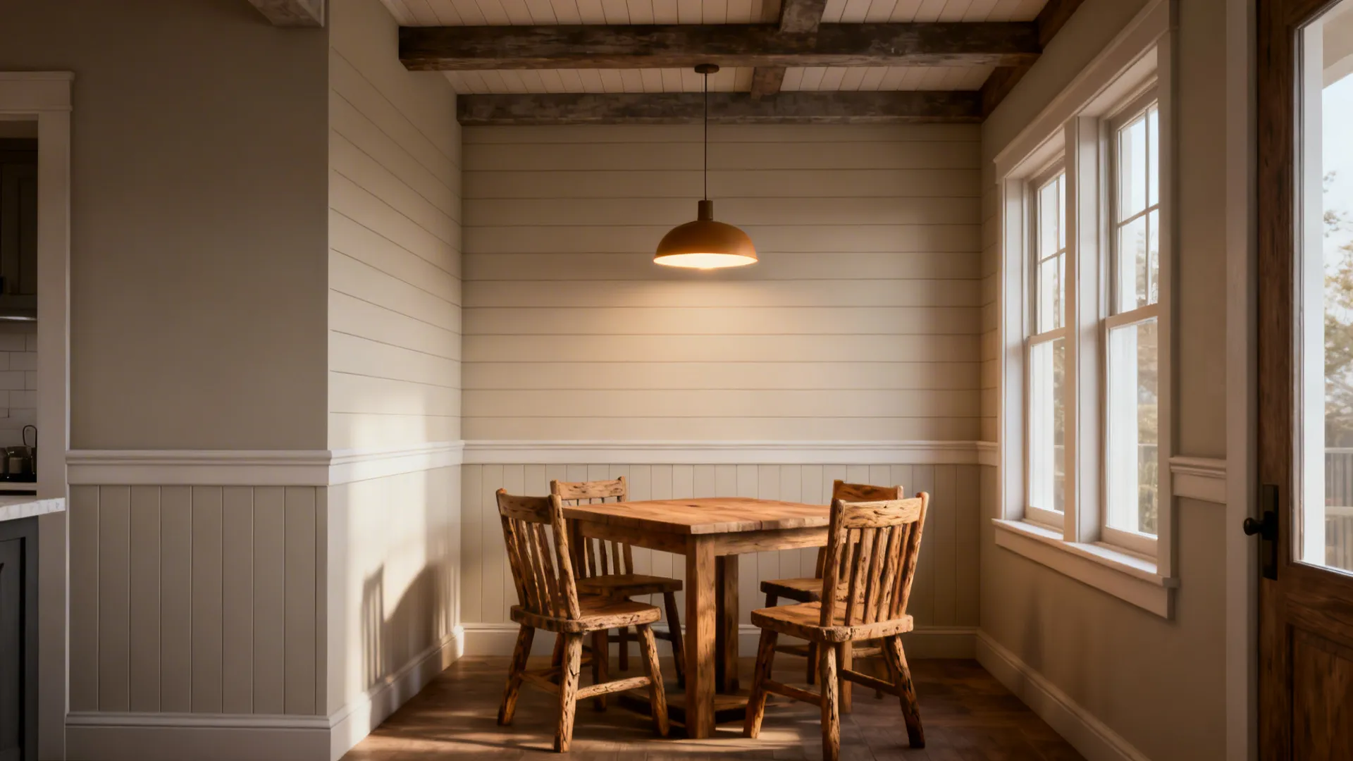 Small dining area with painted shiplap accent wall, wooden table and warm pendant light.