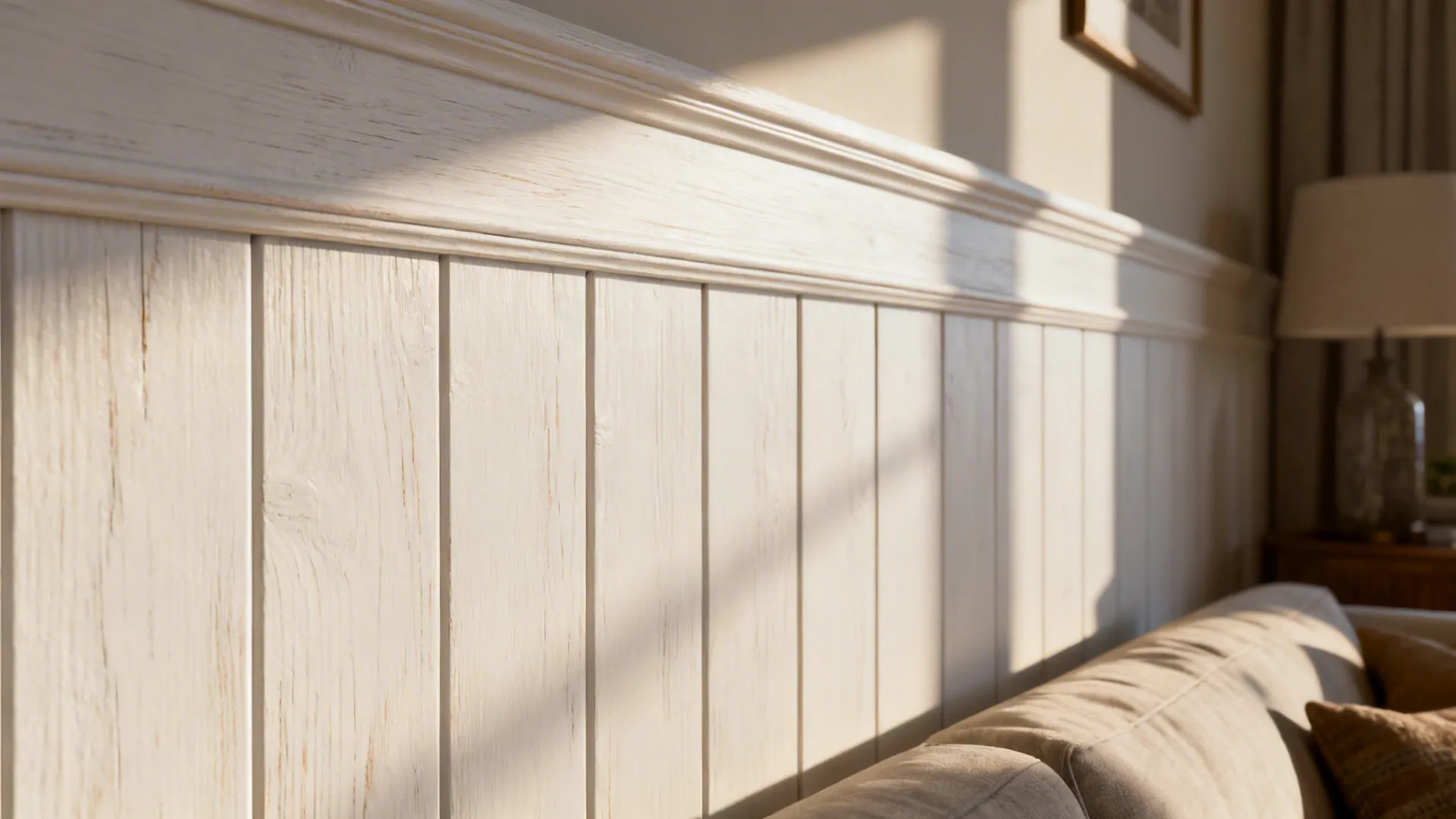 Whitewashed shiplap wall close-up showing tongue-and-groove texture.