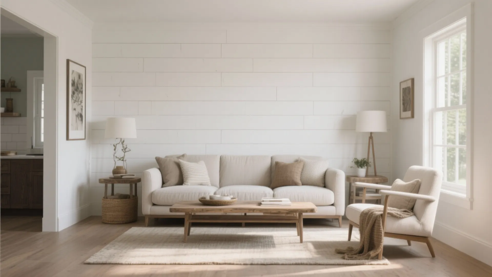 Modern living room with white wall panel beige sofa wooden coffee table chair and lamps